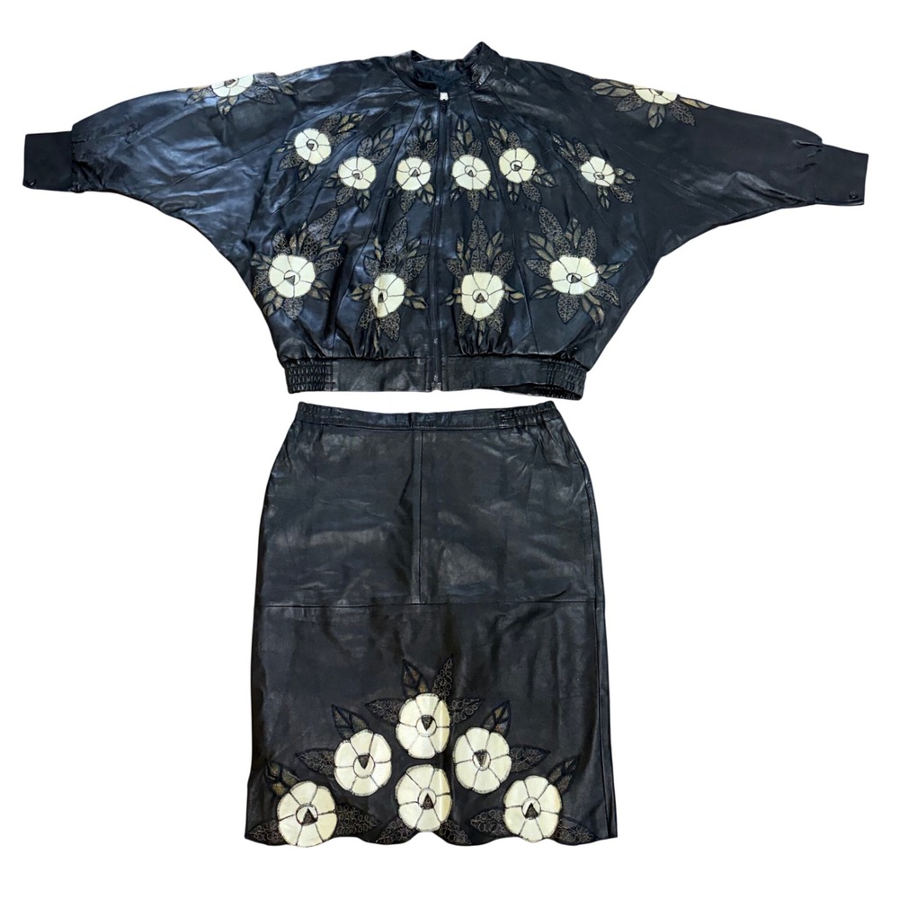 Vintage 80s Black Leather Floral Appliqué Matching Set Batwing Jacket & Skirt XL
